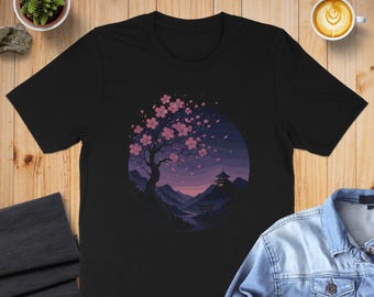 Japanese Sakura Blossom T-Shirt, Zen Temple Tee, Oriental Art Shirt, Cherry Blossom Clothing