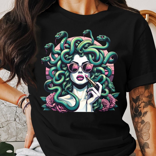 Medusa Glamour T-Shirt, Chic Snake Hair Lady Tee, Stylish Sunglasses Serpent Top, Edgy Lipstick Roses Tee, Mythical Beauty T-Shirt
