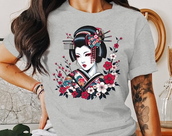 Elegant Geisha Art Shirt: Floral Kimono Japanese Culture Tee