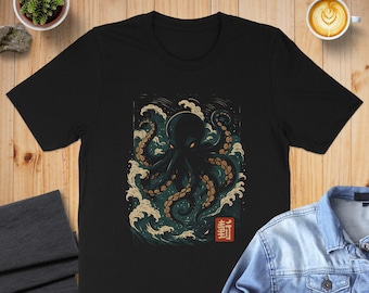 日本の波タコTシャツ、伝統的なアートスタイルのTシャツ、ユニセックス