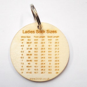 Ladies sock sizes, keyring, craft bag accessory, handy tool, chart, 4mm ply wood,