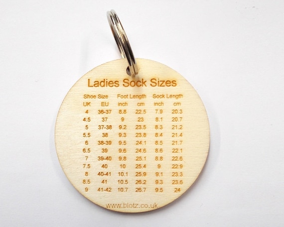 Ladies sock sizes, keyring, craft bag accessory, handy tool, chart, 4mm ply wood,