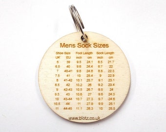 Mini tool, Men's sock sizes keyring, cm and inches, craft bag attachment, 4mm wood ply.