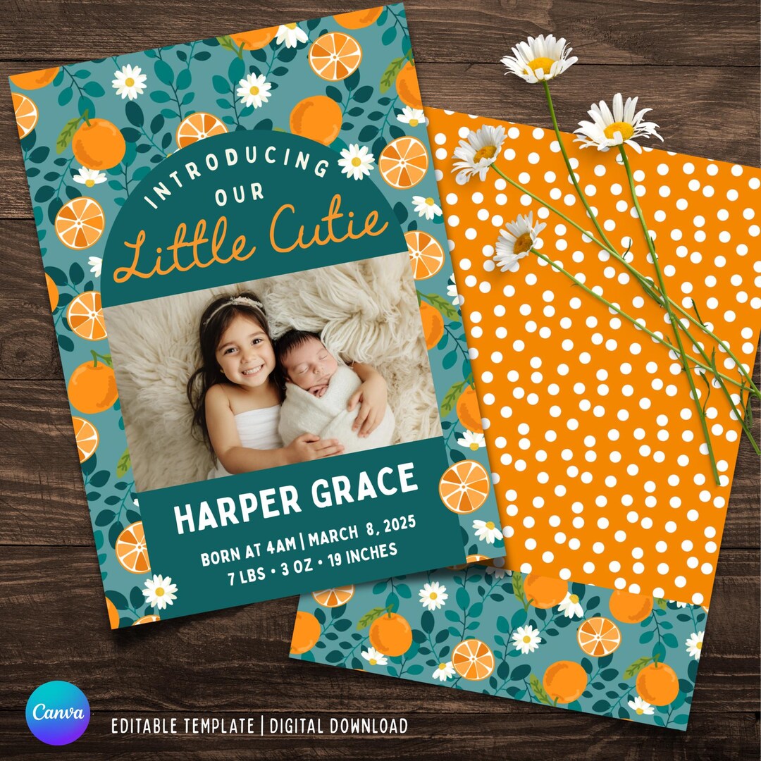 Editable Birth Announcement “introducing Our Little Cutie” Orange