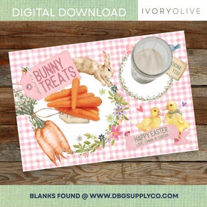 Puede incluir: Descarga digital con un patrón de cuadros rosas y ilustraciones de Pascua. Incluye un conejo, zanahorias, patitos y los textos "Bunny Treats" y "Happy Easter". También hay un vaso de leche y el texto "Drink You".