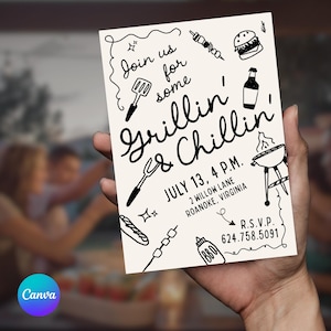 May include: A cream-colored invitation with black illustrations and text. The invitation reads "Join us for some Grillin' & Chillin'" with images of grilling tools, food, and a grill. The date and time are listed, along with an RSVP phone number.
