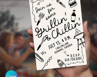 Modelo de convite para churrasco editável no Canva | Churrasco e relaxamento | Convite para churrasco de verão 5x7 | Estilo divertido de rabiscos | Download para impressão