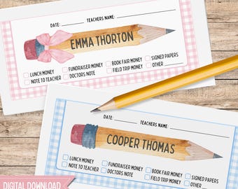 Enveloppe personnalisée pour la rentrée des classes à imprimer | Fichier numérique | Bleu et rose | Note de l&#39;enseignant | Porte-monnaie pour sortie scolaire | Téléchargement instantané