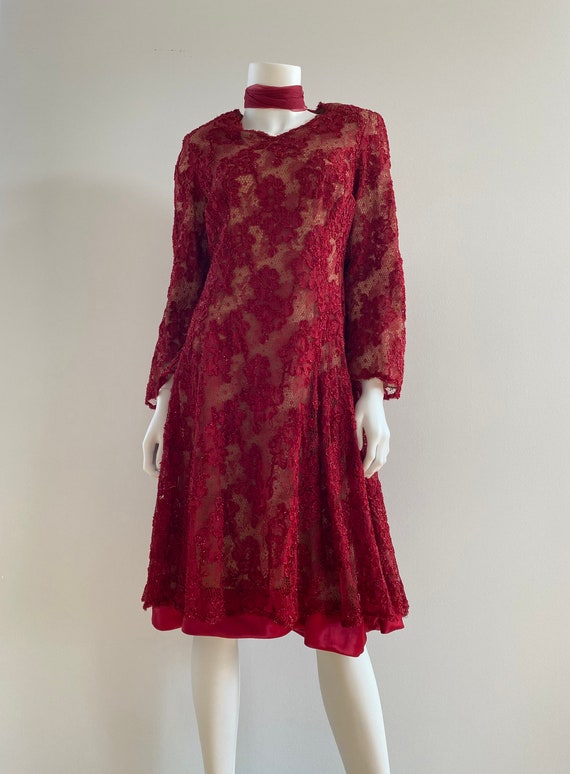 VTG 50s Red Tulle Lace Full Skirt Couture Dress