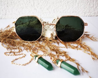 Stone Pendants Chain Temple Sunglasses Unique Natural Green Crystal Stone Unique Glasses Oversized Style Classic Armless Glasses Handmade