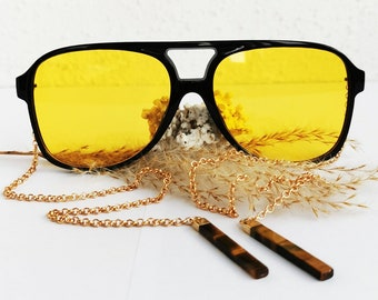 2024 Style d'été sans bras chaîne temple lunettes de soleil oeil de tigre naturel cristal pierre pendentif surdimensionné couleur jaune lunettes de soleil cadeau fait main