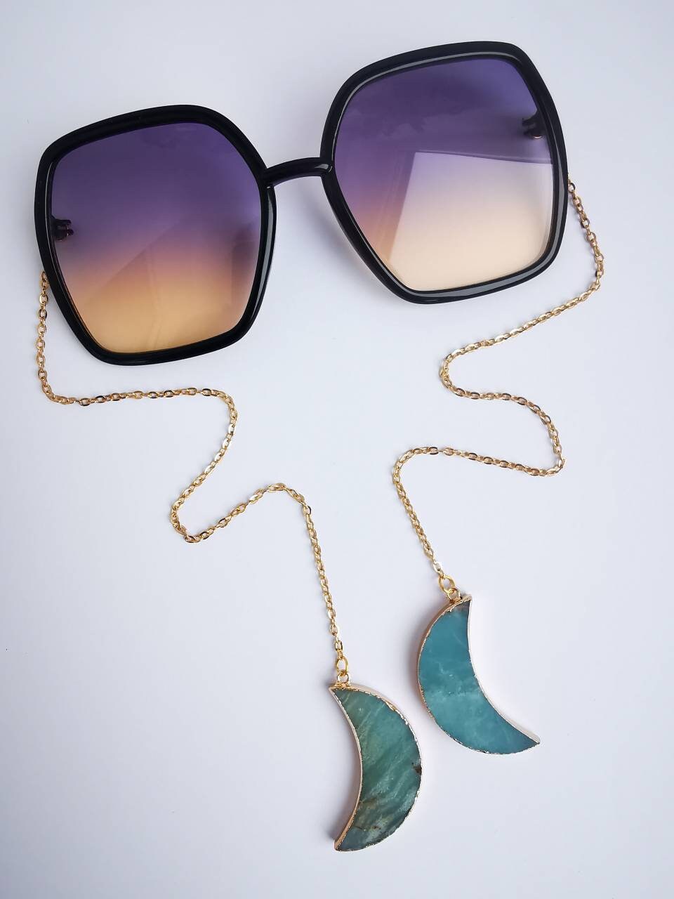 Armless Chain Temple Sunglasses Natural Blue Amazonite Crystal Etsy
