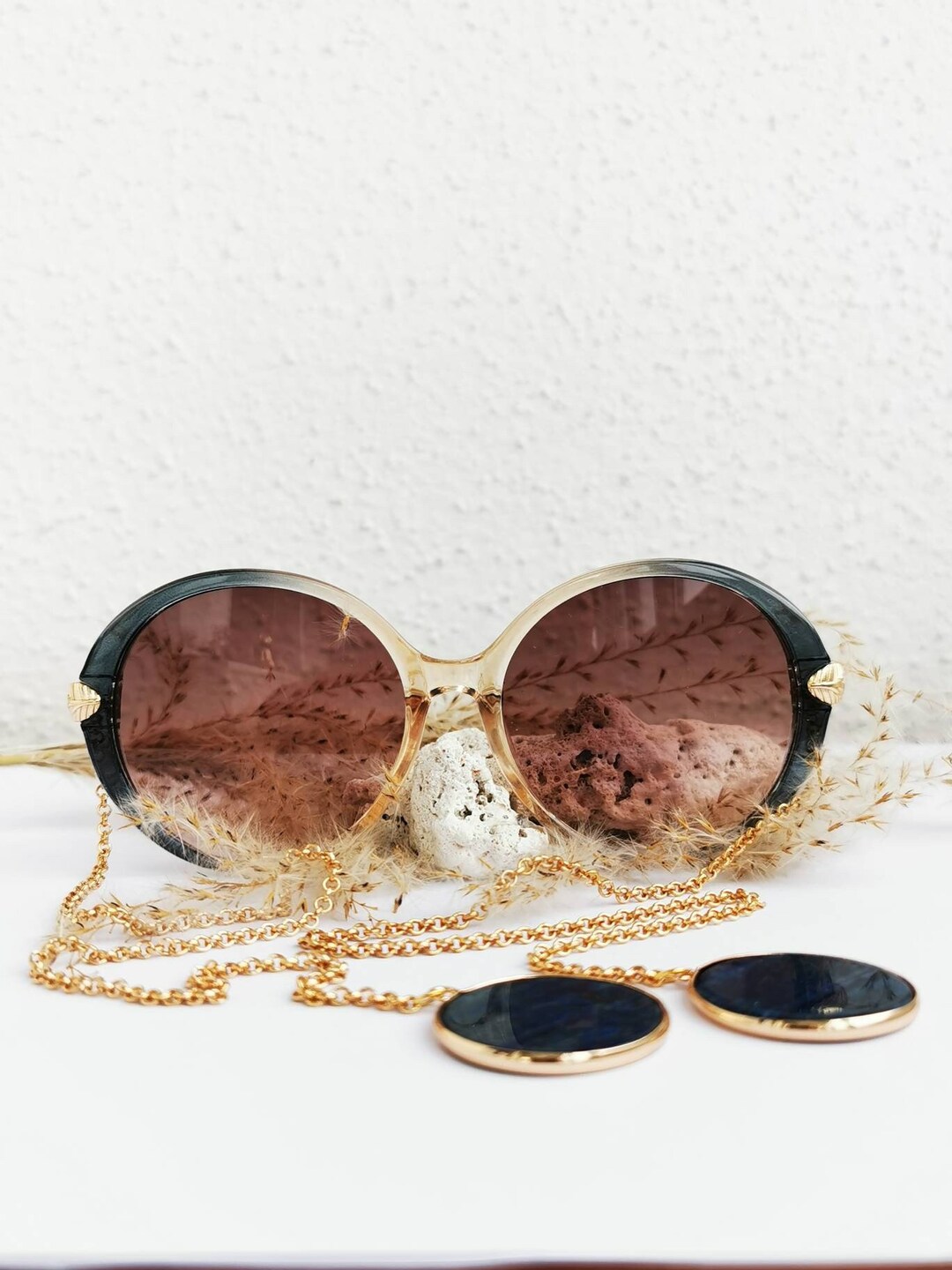 Armless Chain Temple Sunglasses Natural Blue Lapis Lazuli Crystal Stone