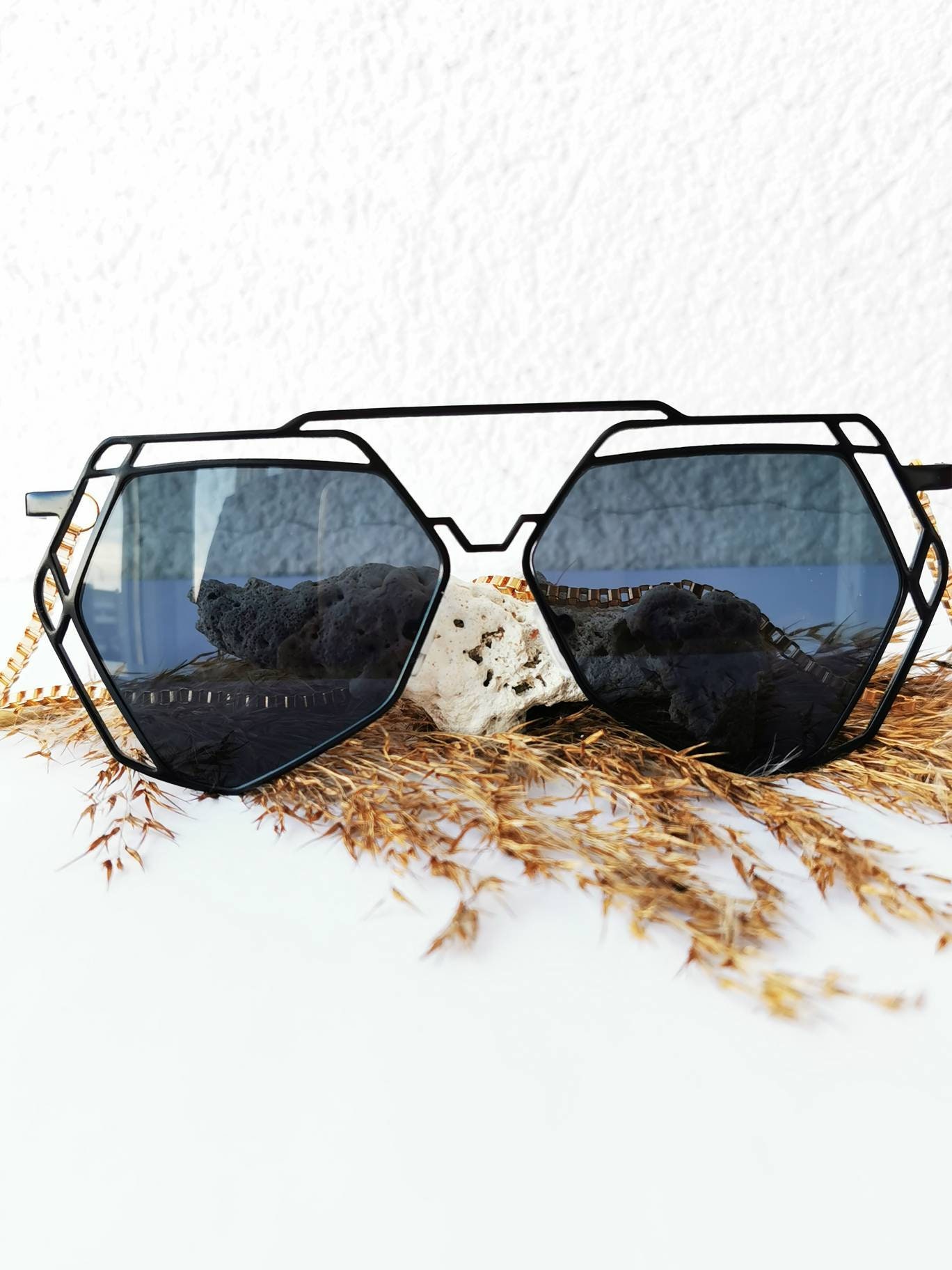 Armless Black Unisex Hexagon Chain Temple Sunglasses Unique Cross