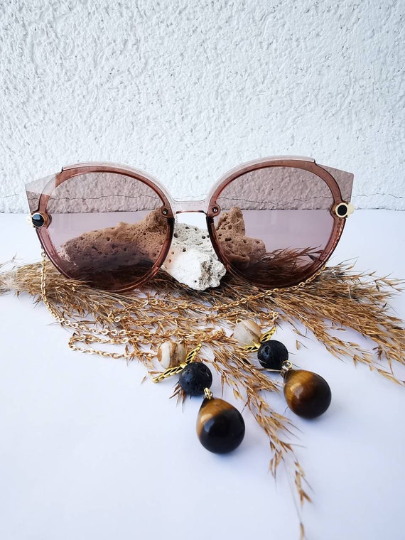 Armless Sunglasses Unique Brown/black Crystal Stone Beads Pendant