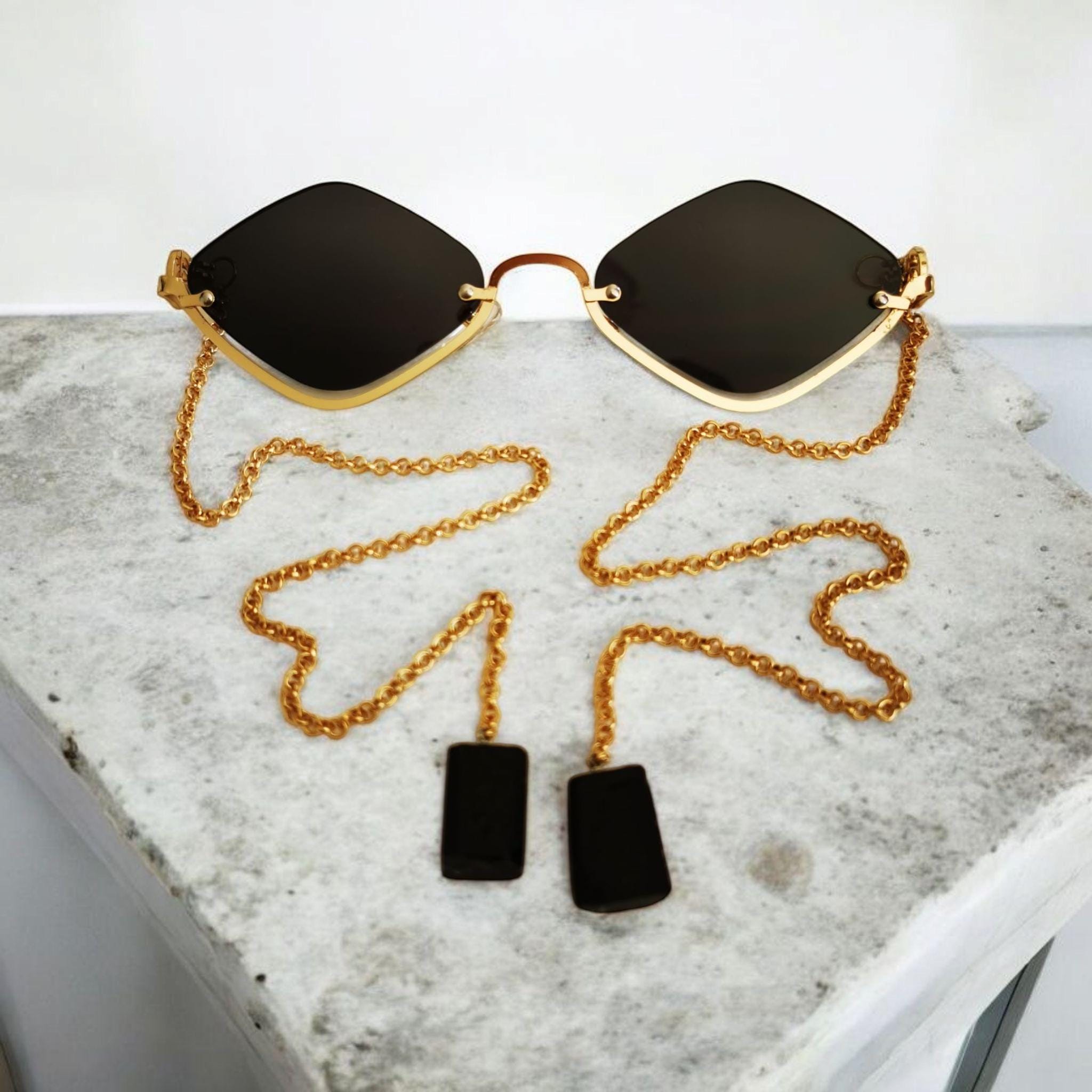Black & Gold Chain Lennon Style Sunnies W/ Chain Classic Gold With Black Gems Glasses Chain | Vint and York main image 4