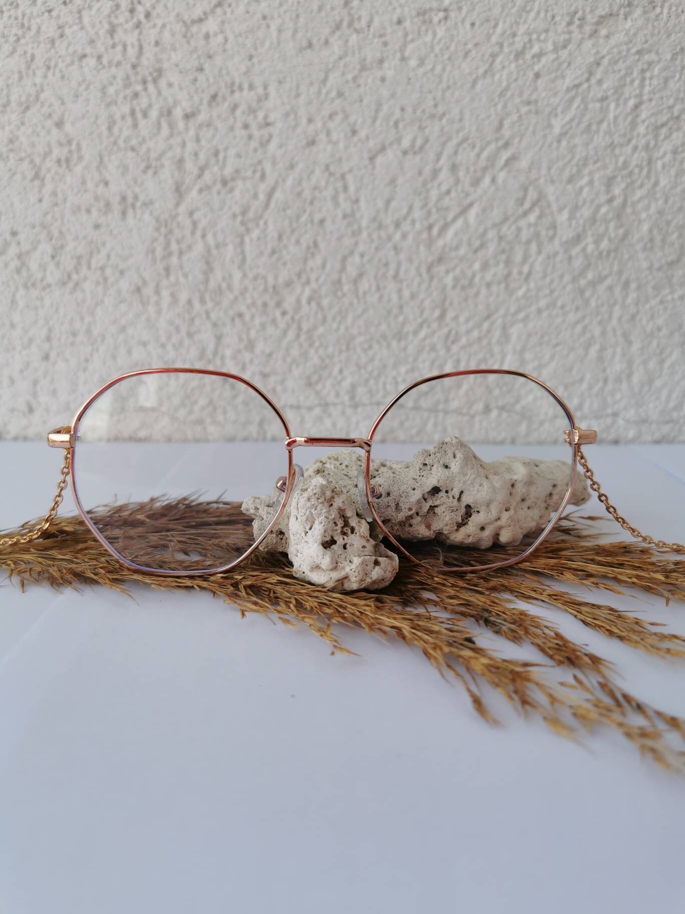 Armless Fashion Chain Temple Clear Round Glasses White Glass Pendant