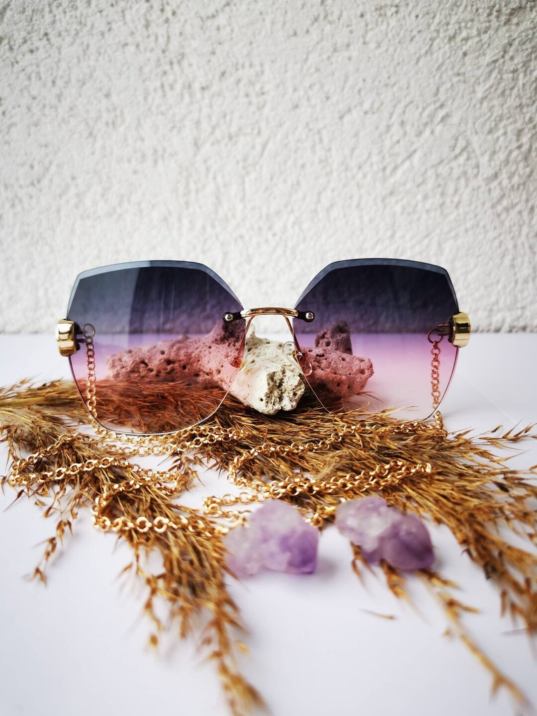 Armless Chain Temple Sunglasses Unique Natural Light Purple Etsy