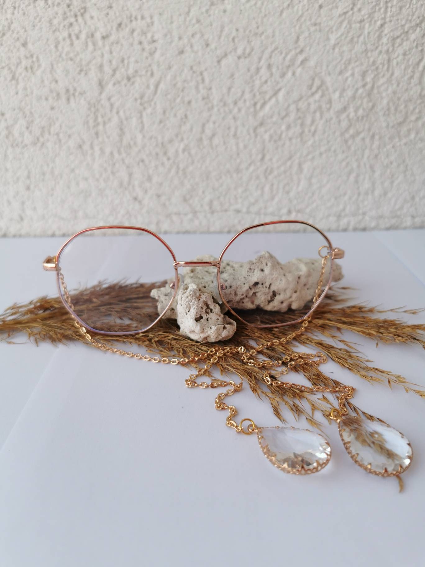 Armless Fashion Chain Temple Clear Round Glasses White Glass Pendant