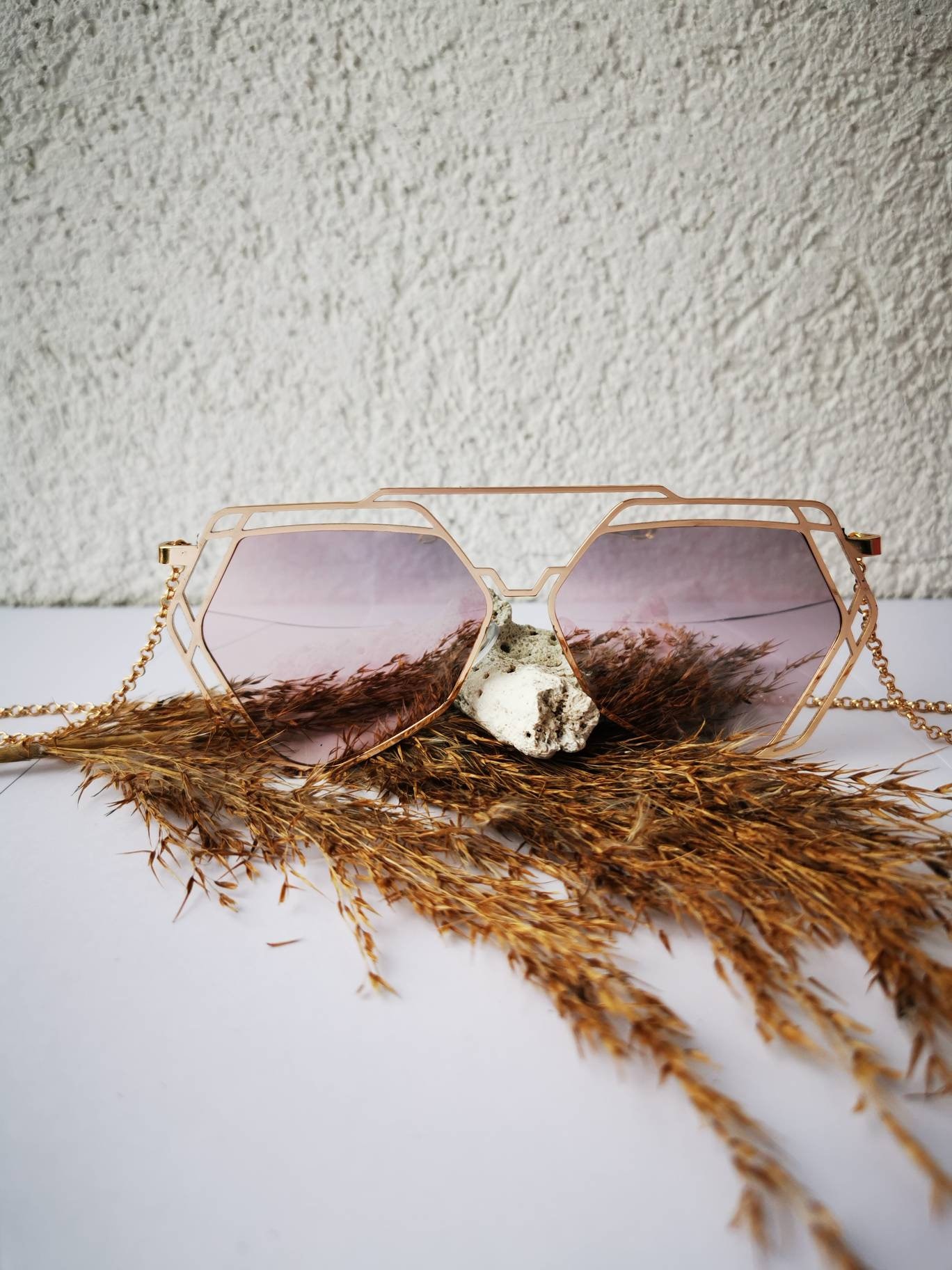 Armless Hexagon Chain Temple Dusty Pink Sunglasses Unique Cross Gold