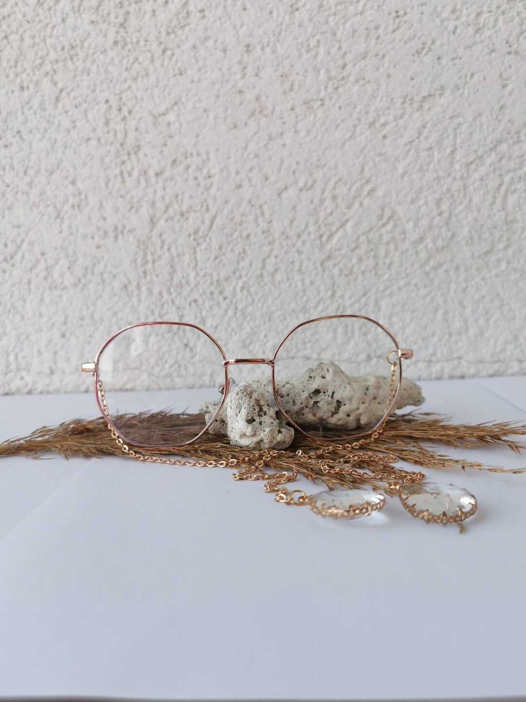 Armless Fashion Chain Temple Clear Round Glasses White Glass Pendant