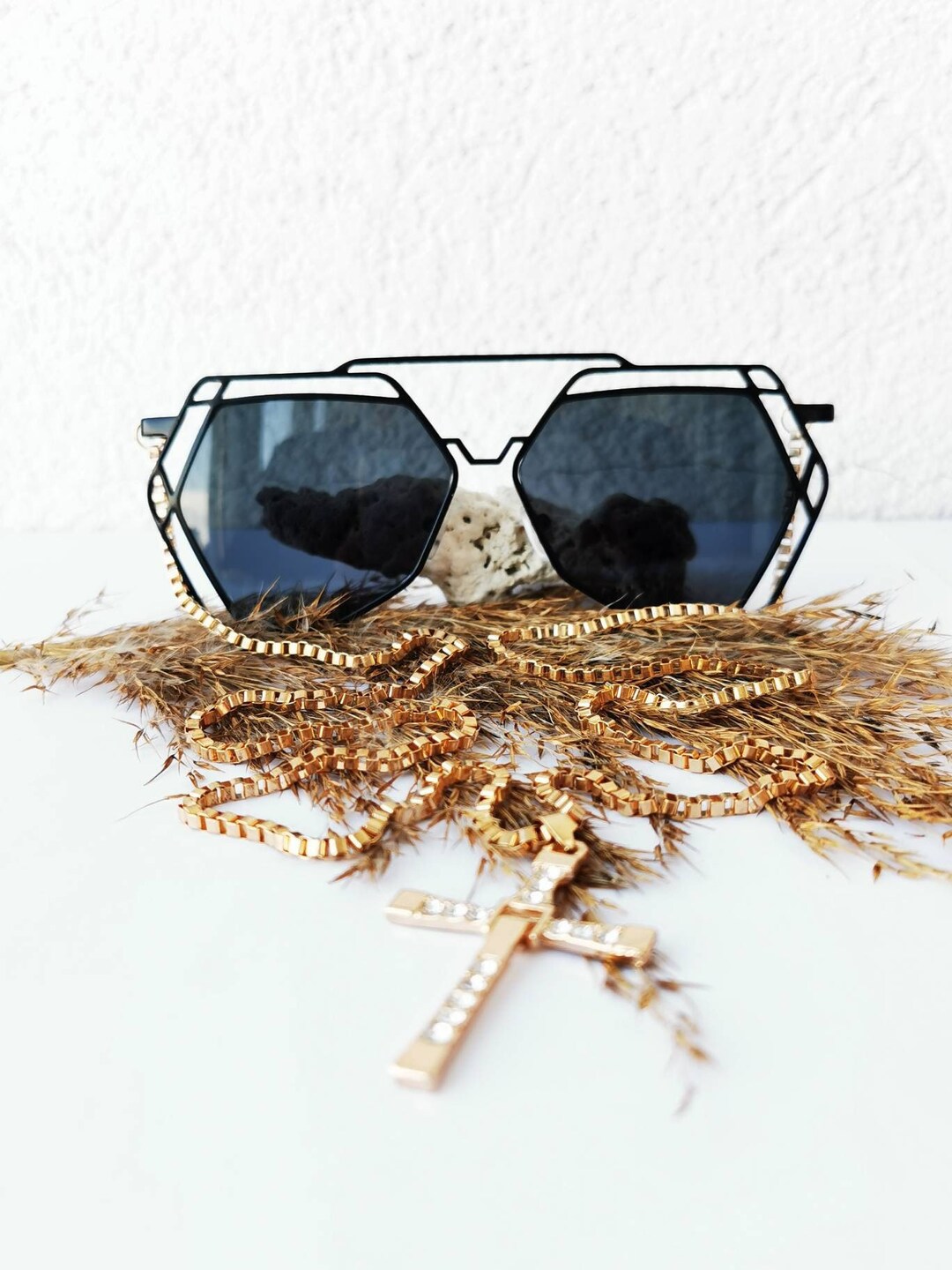 Armless Black Unisex Hexagon Chain Temple Sunglasses Unique Cross