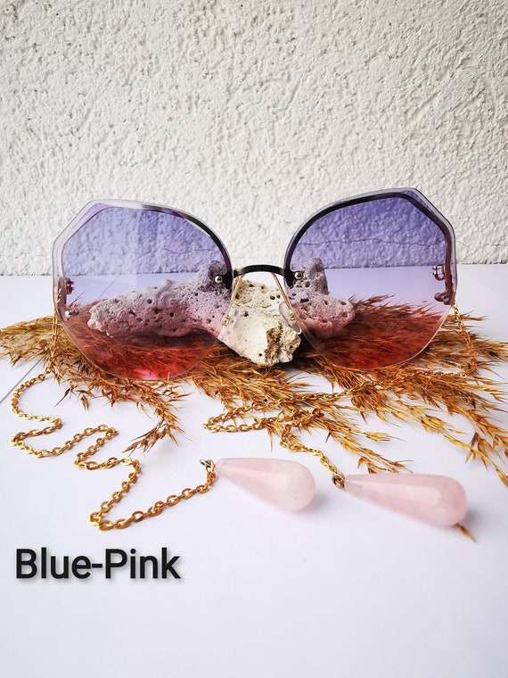 Armless Chain Temple Sunglasses Unique Natural Light Pink Crystal