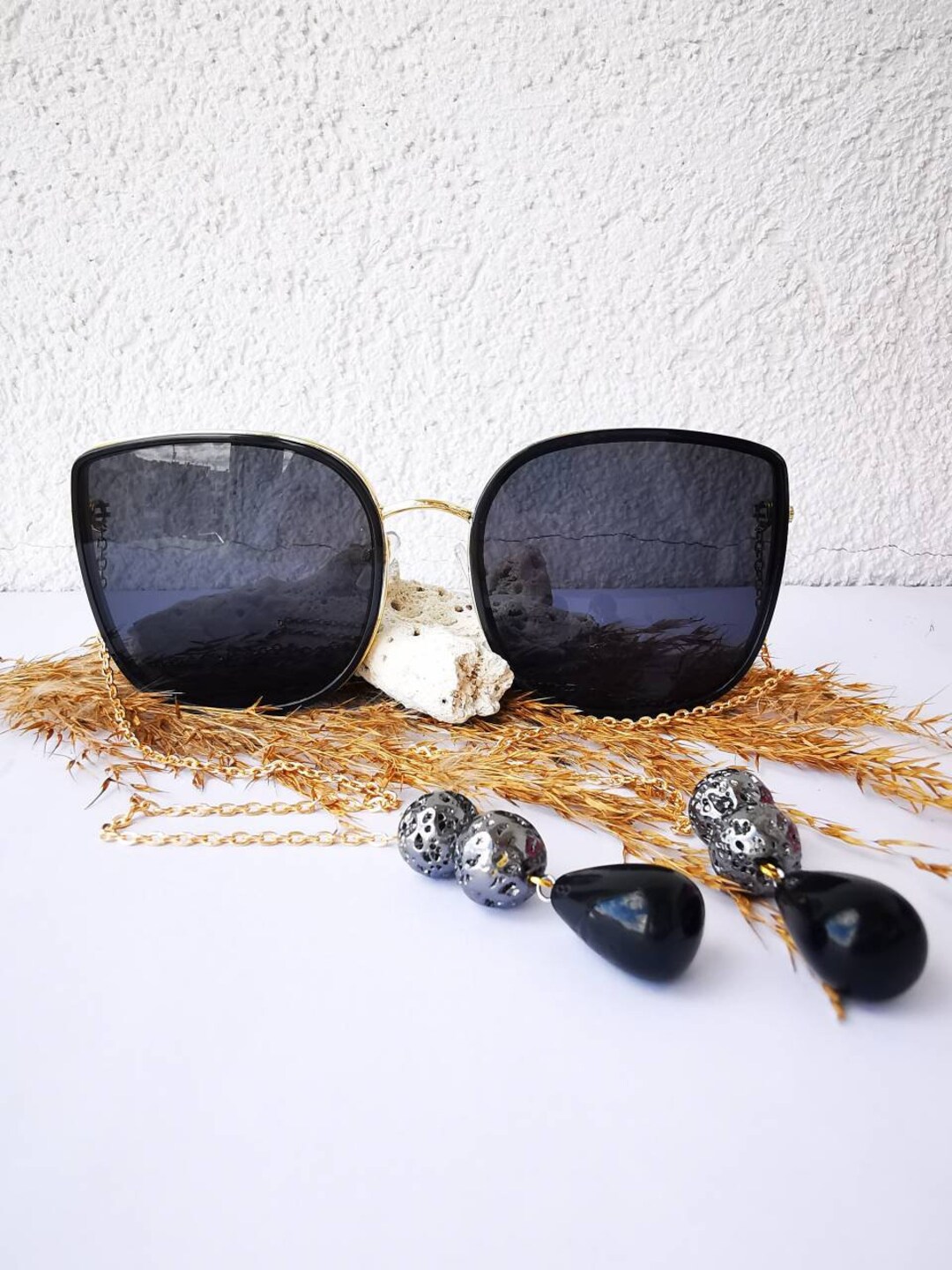 Armless Chain Arms Temple Unitary Sunglasses Unique Chain Polygon