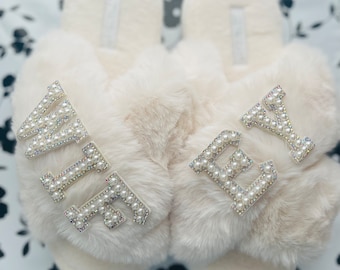 Faux Fur Wifey Slippers| I Do Slippeers|Customized Slippers|Peal Rhinestone Slippers