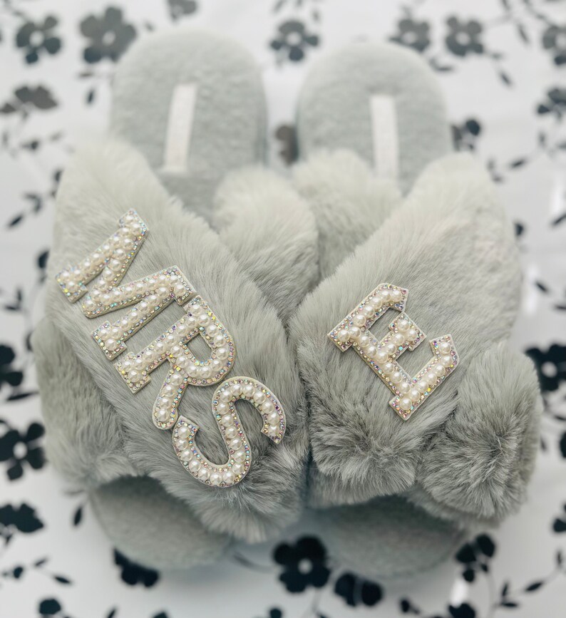 Faux Fur Slippers - Global Recycled Standard Certified with Beaded Wedding (I DO CREW) Brooch