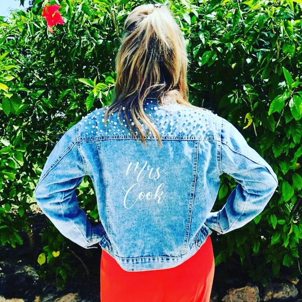 Pearl jean jacket, bride jean jacket, Mrs. Denim Jacket| Personalized Jean Jacket | Bride Jacket |Bridal gift| bridal jean jacket pearls