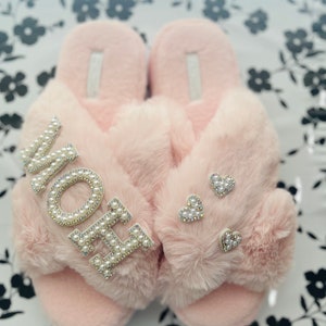 Faux Fur Mother of Bride Slippers|Faux Fur Mother of Groom Slippers|I Do Slippers|Customized Slippers|Peal Rhinestone Slippers