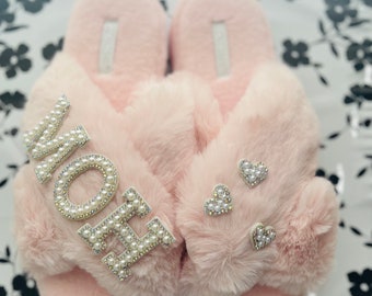 Faux Fur Mother of Bride Slippers|Faux Fur Mother of Groom Slippers|I Do Slippers|Customized Slippers|Peal Rhinestone Slippers