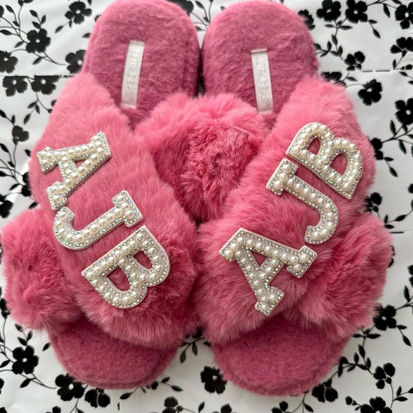 Faux Fur Personalized Slippers| Holiday Slippers|Customized Slippers|Peal Rhinestone Slippers|Holiday Gifts for Her|Christmas Gifts
