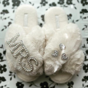 Nepbont mevrouw pantoffels met horen | Bruids pantoffels | Aangepaste pantoffels | Parel Strass pantoffels