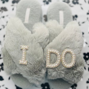Faux Fur Bride Slippers| I Do Slippeers|Customized Slippers|Peal Rhinestone Slippers