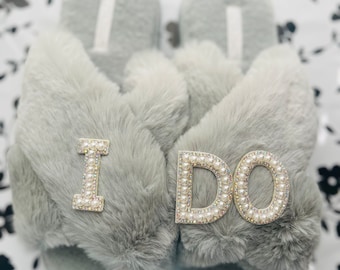 Faux Fur Bride Slippers| I Do Slippeers|Customized Slippers|Peal Rhinestone Slippers