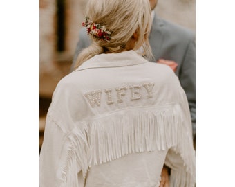 Personalized Bridal Jacket with Fringes|Wedding Customized Denim jacket|Pearls Jacket with fringes|Wedding Fringe Denim Jacket|Mrs Jacket