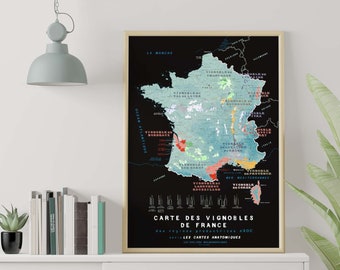 France vineyards map, wine regions poster