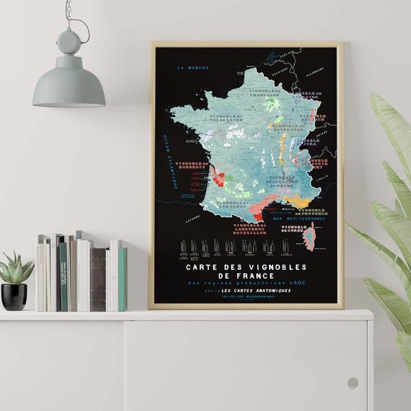 Carte des vignobles de France, affiche 50x70cm