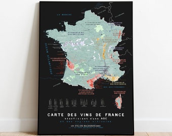 Carte des vins de France détaillée AOC 2025, affiche 70x100cm
