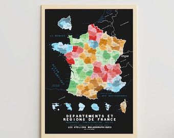 Carte des nouvelles régions de France 2024, affiche 50x70cm