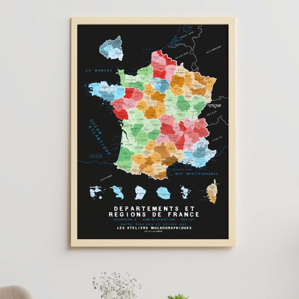 Carte des nouvelles régions de France 2024, affiche 50x70cm