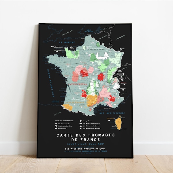 Carte des fromages de France AOP, affiche 50x70cm