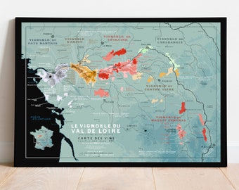 French Loire Valley wine map - 70x50cm - 27.5x19.7 in - All great wine of Loire Valley on a map