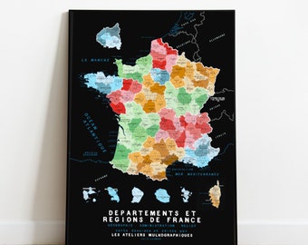 Carte des nouvelles régions de France 2025, affiche 50x70cm
