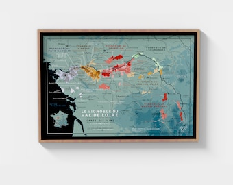 French Loire Valley wine map - 70x50cm - 27.5x19.7 in - All great wine of Loire Valley on a map