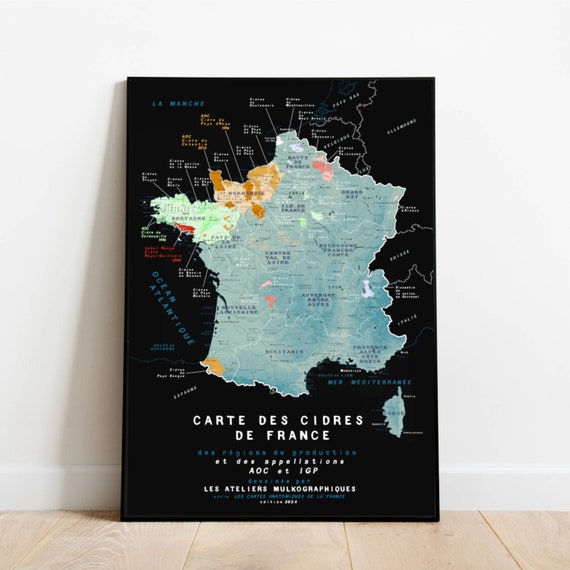 Carte des cidres de France détaillée, AOC et régions cidricoles traditionnelles, affiche 50x70cm