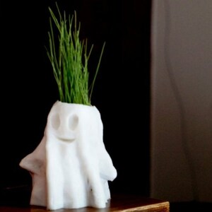 May include: A white ghost-shaped planter with a smiling face, filled with green grass. The planter is made of a smooth material and is placed on a wooden surface. The dark background accentuates the planter's form and details.