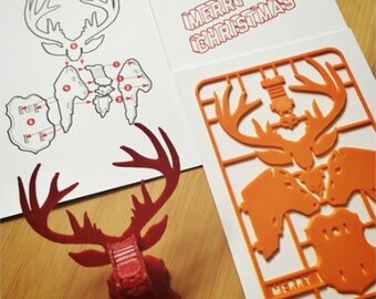 Reindeer card kit - A flat model kit that builds into a 3D puzzle for DIY fun - Great Christmas stocking stuffer, gift, present for kids